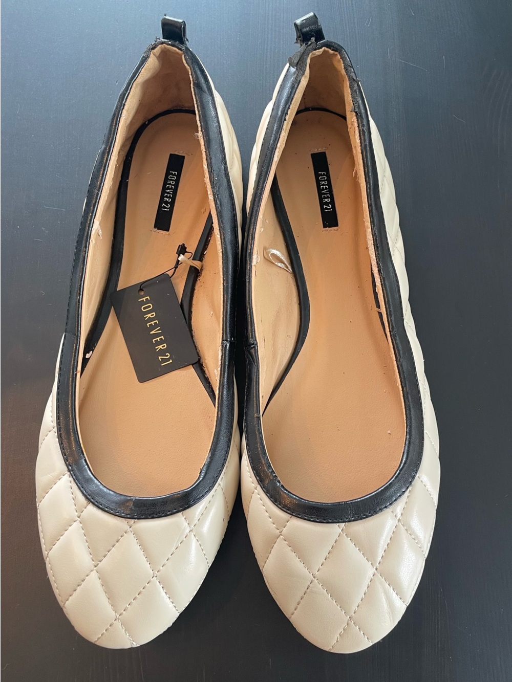 Forever 21 Cream Quilted Flats with Black Trim